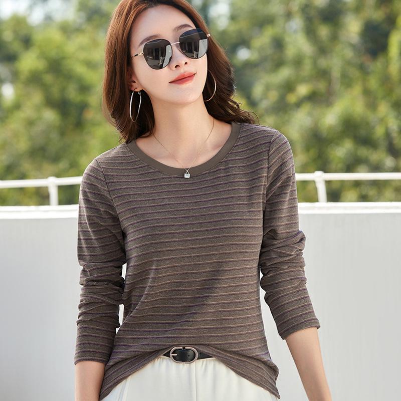 Korean Style Women's Slim Fit Striped Long Sleeve Round Neck T-shirt for Autumn/Winter
