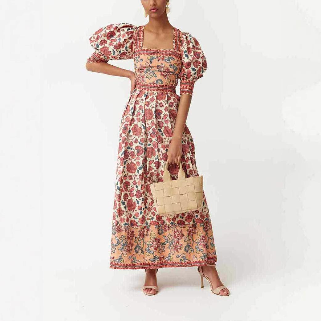 

2025 новый европейский и американский повседневный принт топ квадратный воротник юбка костюм-двойка XL