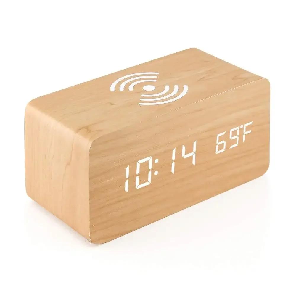 Alarm Clock LED Digital Wooden USB/AAA Powered Table Watch with Temperature Humidity Wireless Charging Electronic Desk Clocks