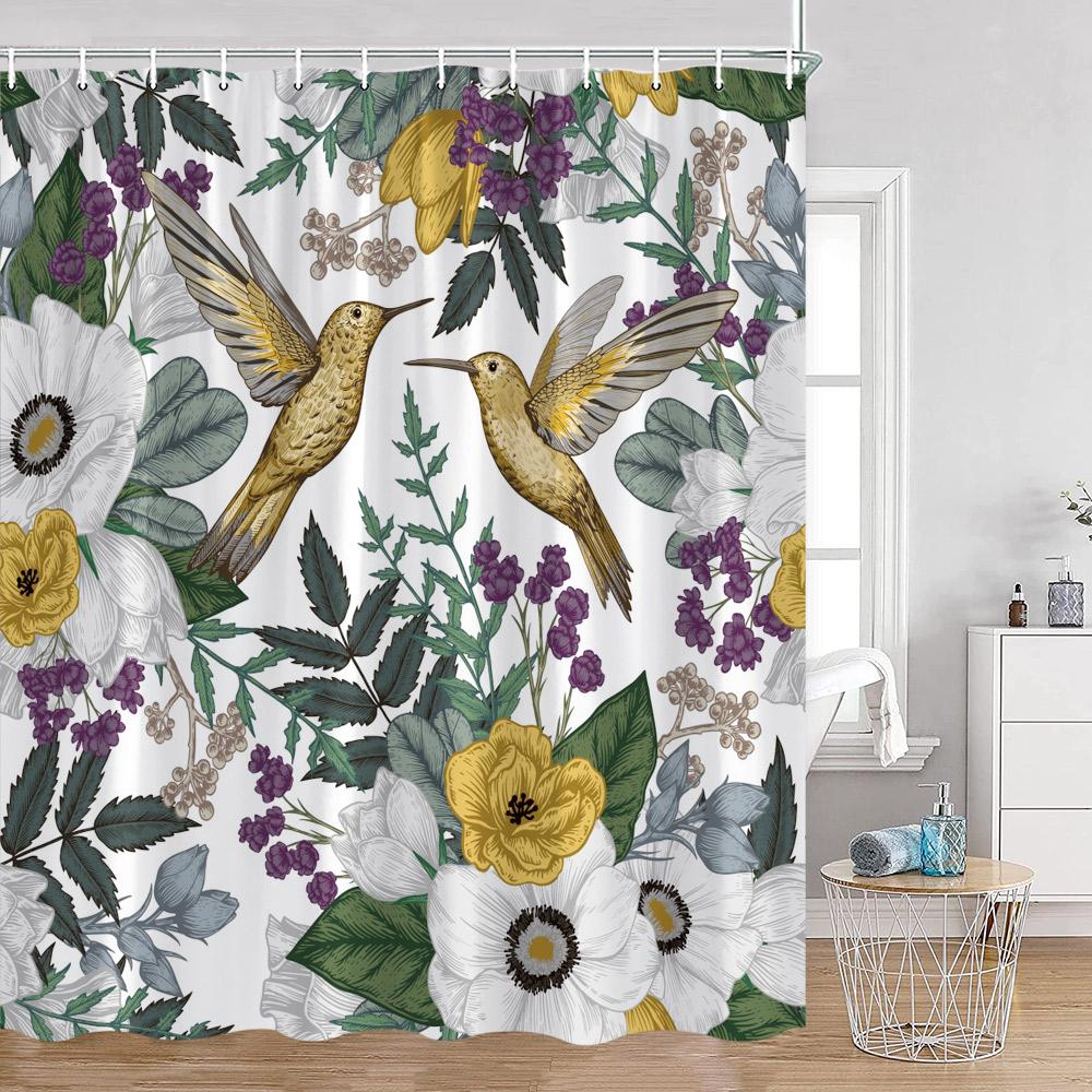 Birds Flowers Shower Curtains Hummingbirds Flowers Green Leaves Plants Greenery Bath Decorations Spring Bath Curtain With Hooks