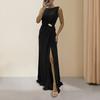 Yousheng Lady Evening Dress Pleated Slit Hem Floor Length Solid Color Rhinestone Decor Sleeveless Round Neck High Waist Rhinestone Decor Prom Cocktail
