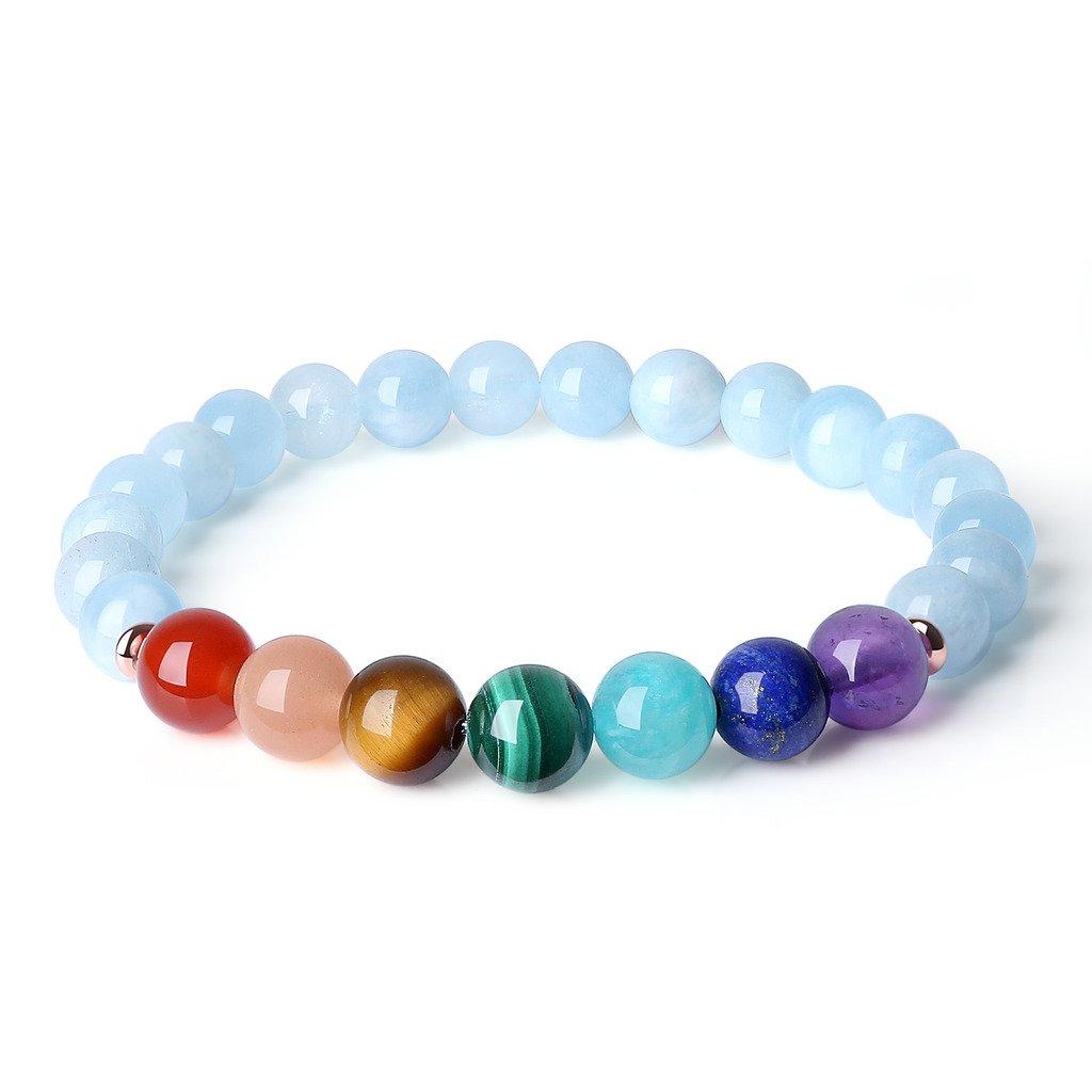 8mm March Chakra Good Luck Amulet Power Stone Bracelet for Men and Women [Koai] Aquamarine, Birthstone, Seven-Color Purification, Protection,