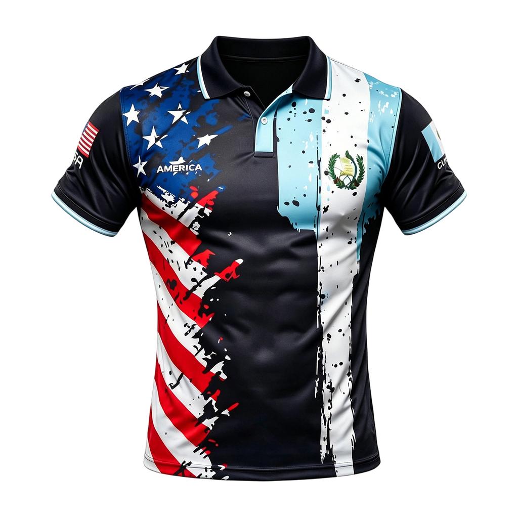 Men's Loose Fit Casual Short Sleeve Polo Shirt with Flag Print Comfortable Button Down Top for Everyday Wear