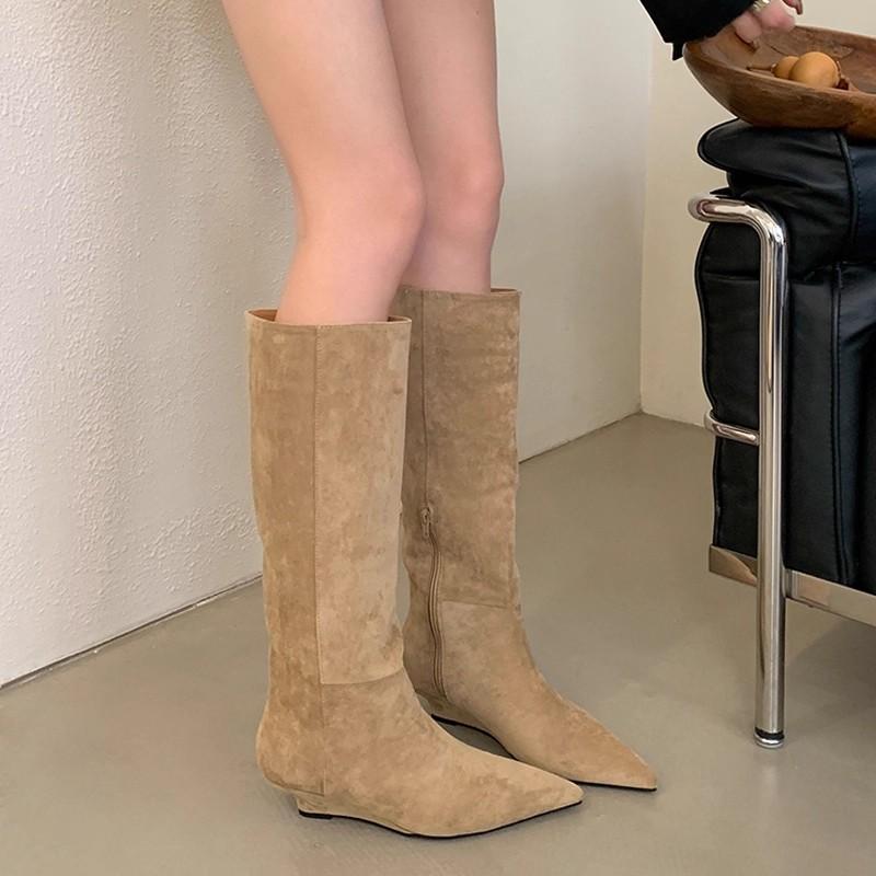 Heel pointed head suede thin tall knight boots women's small height increase long boots but knee pile long boots