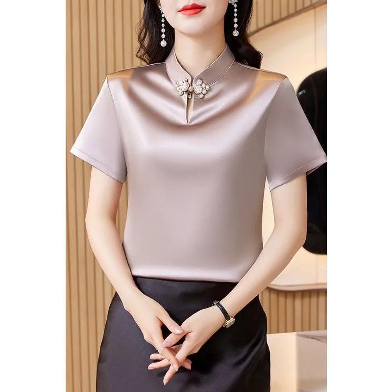 Women's White Satin Mandarin Collar Blouse Casual Short Sleeve Top with Pearl Decor