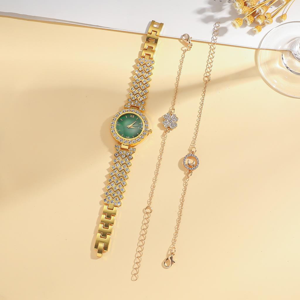 New green face niche high-end design without gift box, full diamond wrist strap, clover bracelet 3-piece set