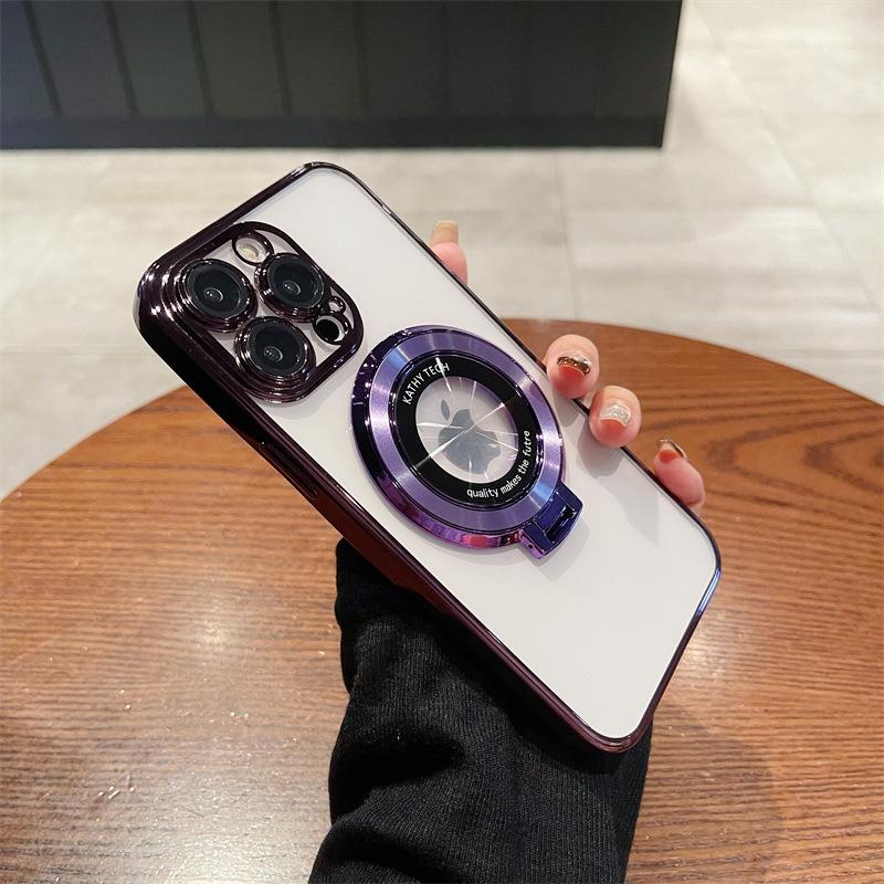 Applicable To IPhone 16 Mobile Phone Case Magnetic Suction Bracket Transparent Electroplating 14 Apple 15 Pro Protective Case 3 with Lens Film