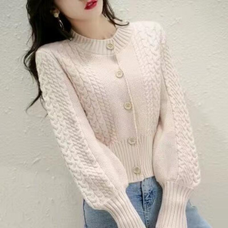 

2022 Новый кардиган с круглым вырезом, свитер с напускными рукавами, небольшой аромат, короткий вязаный женский топ, однотонный One Size бежевый