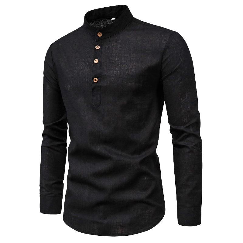 

2026 Men s Fashion Slim Fit Casual Long-Sleeve Shirt with Stand-Up Collar, Cotton-Linen Blend XXXXXL чорний