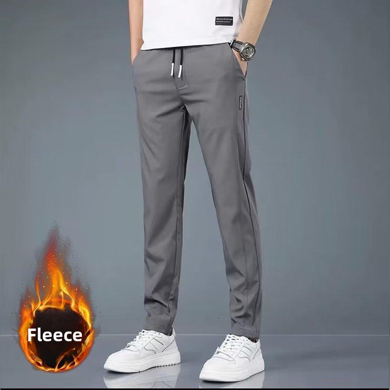 Black Label Plus Men's Slim Fit Tall Straight Fleece Pants - Autumn/Winter Korean Casual Trousers