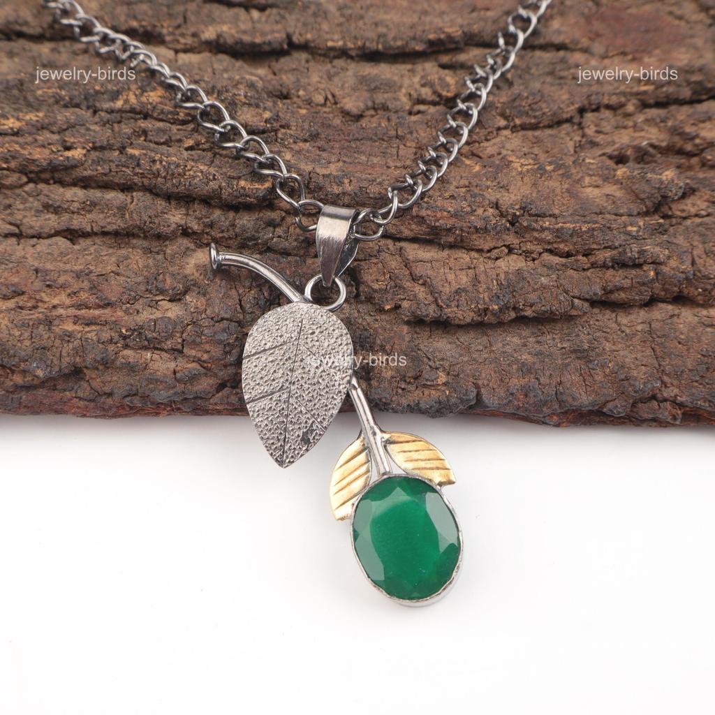 Oval Green Onyx Stone Sterling Silver Wedding Gift Elegant Handcrafted Pendant PP-55-17