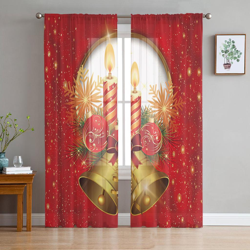 Christmas Bells Letters Bow Ribbon Tulle Sheer Window Curtains for Living Room Bedroom Christmas Decor Voile Curtains Drapes