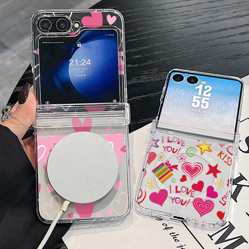 Modern Love Hearts Print Case For Samsung Galaxy Z Flip 8 7 FE 6 5 Z Flip8 Flip7 Flip6 Magnetic Clear Hard PC Folding Phone Cover
