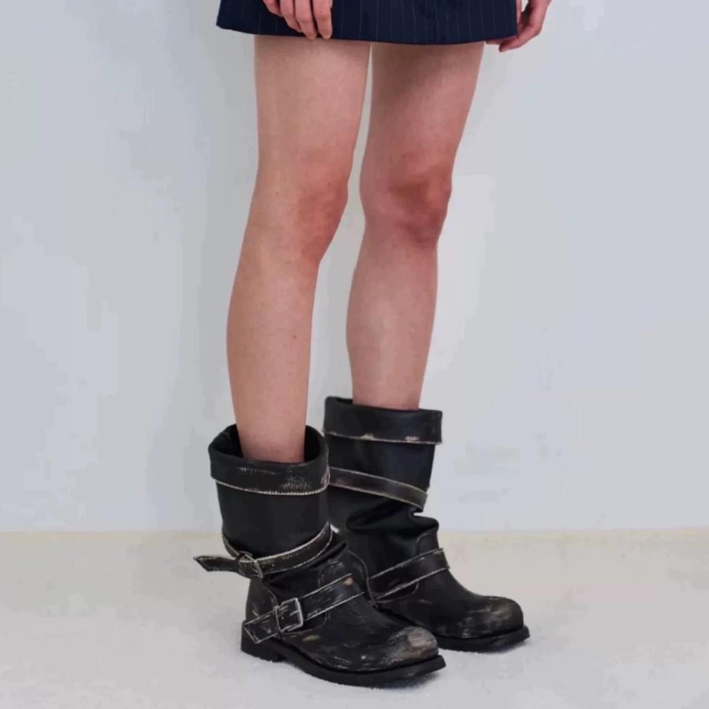 In Stock: Women's Two-Way Wear Heavy-Duty Distressed Knight Boots with Belt Buckle - Retro Style Outdoor Boots