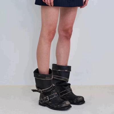In Stock: Women's Two-Way Wear Heavy-Duty Distressed Knight Boots with Belt Buckle - Retro Style Outdoor Boots