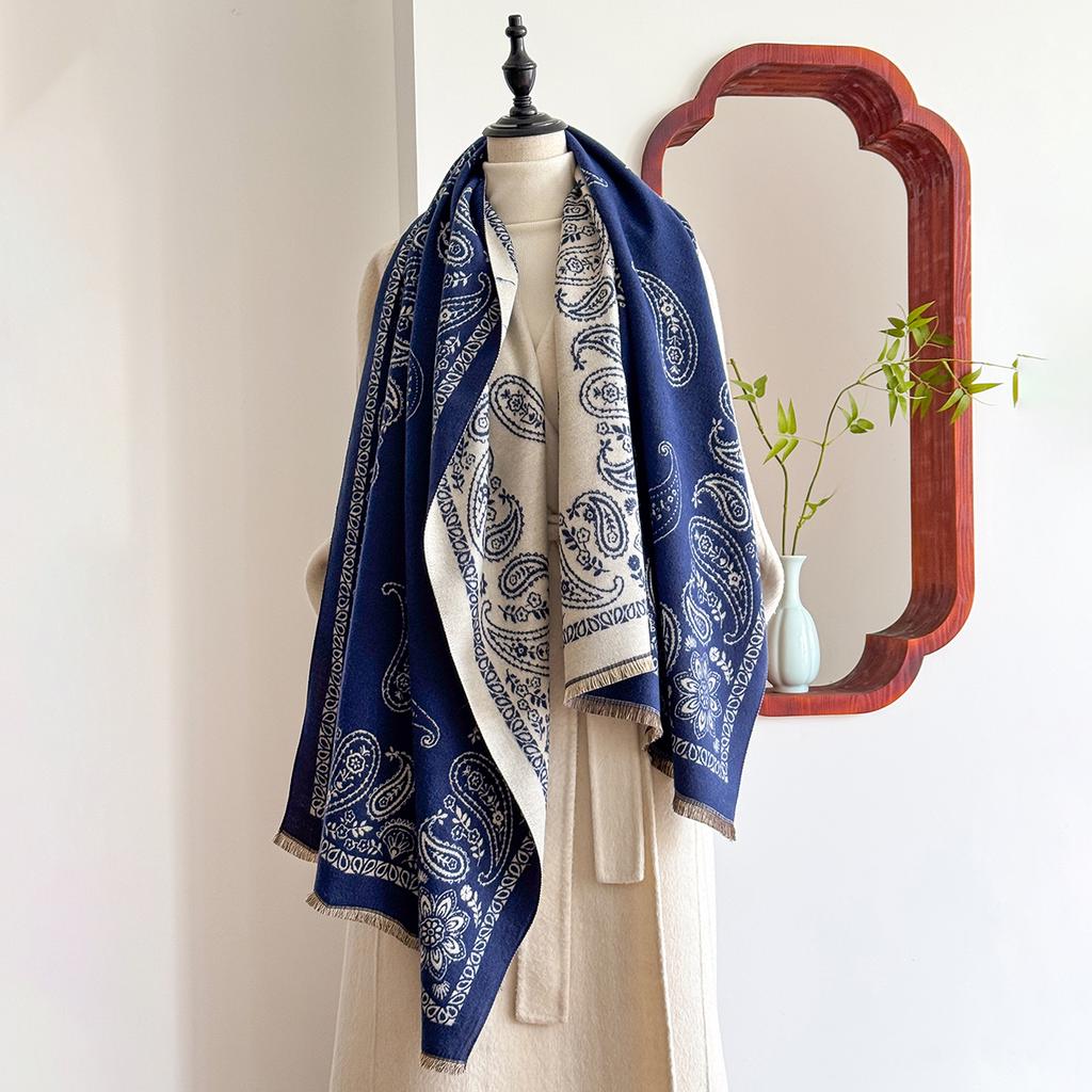 Luxury Brand Cashmere Scarf for Women - Winter Geometric Printed Tasseled Shawl, Pashmina Wrap & Bandana Poncho