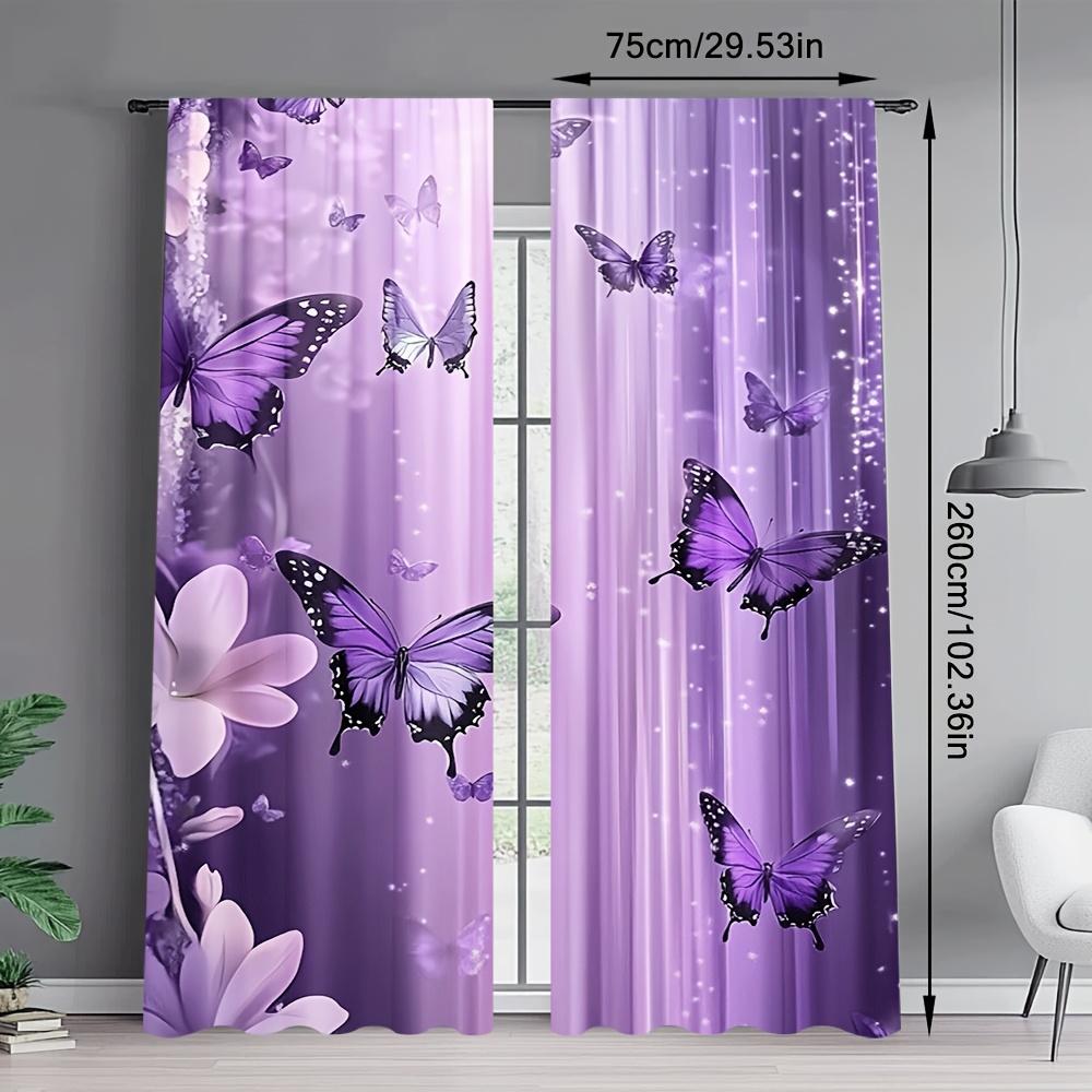 Set Of 2 Violet Butterfly Dance Curtains Purple Floral Semi Transparent Bedroom Office Living Room Decor Curtain With Rod Pocket Polyester Ideal For