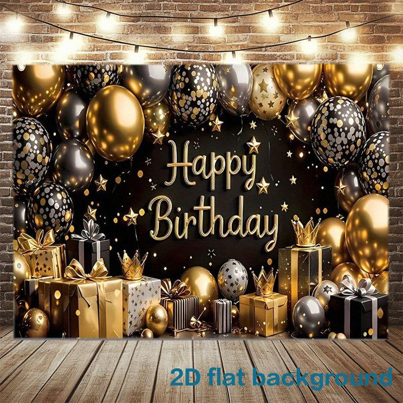 1 Stück luxuriöses und exquisites Geburtstags-Hintergrundbanner aus Polyestermaterial, dekoriert mit gold-silber-schwarzen Ballons