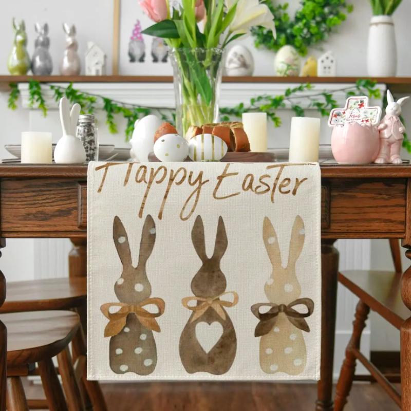 1PC Bunny Rabbit Flowers 13x72" Kitchen Dining Cute Table Runner 2025 Home Party Decor Linen Easter