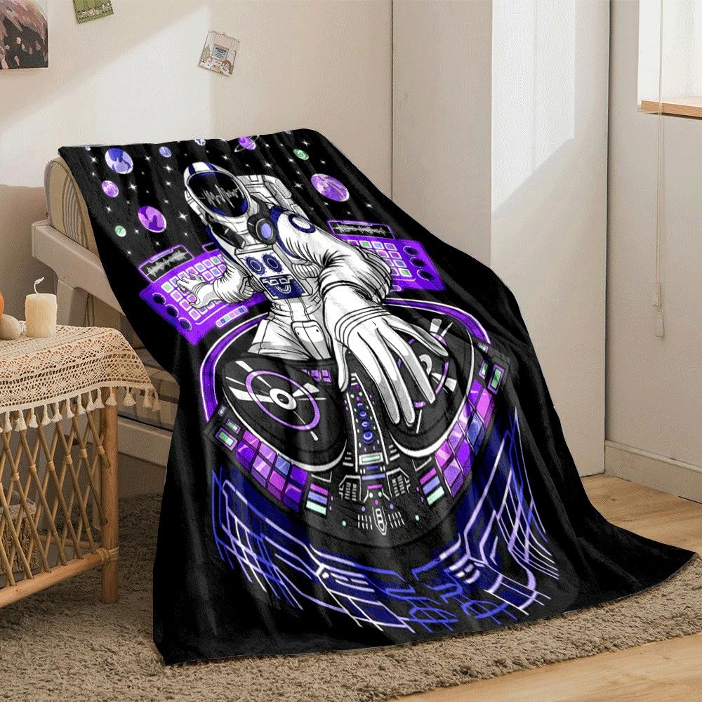 An Astronaut DJ Mixing Music In Space with Vibrant Cosmic-themed Visuals. for All Seasons Blanket Lunch Break Throw Gift