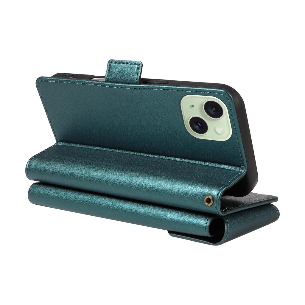 For iPhone 15 Plus Case with Multi-Card Holder and Strap PU Leather Phone Cover Stand