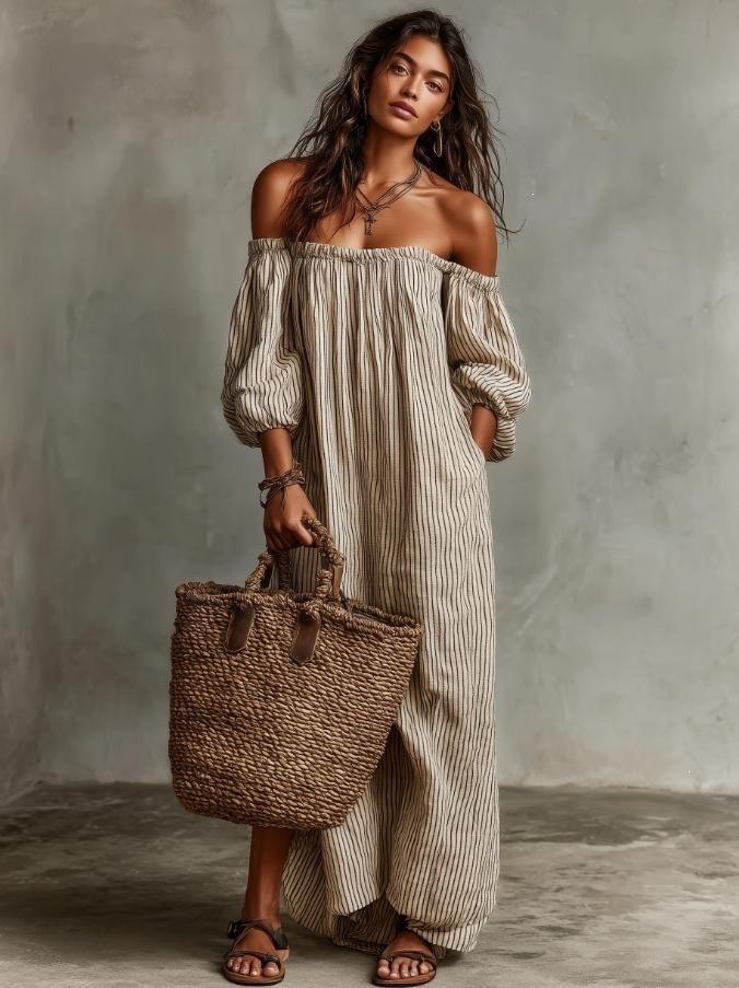 Vestido de verano europeo y americano nuevo, elegante, casual, suelto, con cuello de una palabra, a rayas
