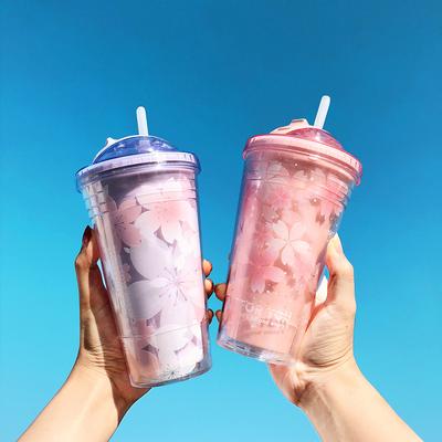 480ml Sakura Plastik Bardaklar Çift Duvarlı Gizli Pipetli Buzlu Bardak Yaratıcı Meyve Suyu İçme Bardağı Çocuklar İçin Hediye Su Şişesi Açık Hava İçin