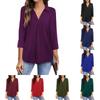 Women's Chiffon V Neck Collar 3/4 Sleeve Pleated Front Loose Work Blouse Solid Casual Tunic Shirt