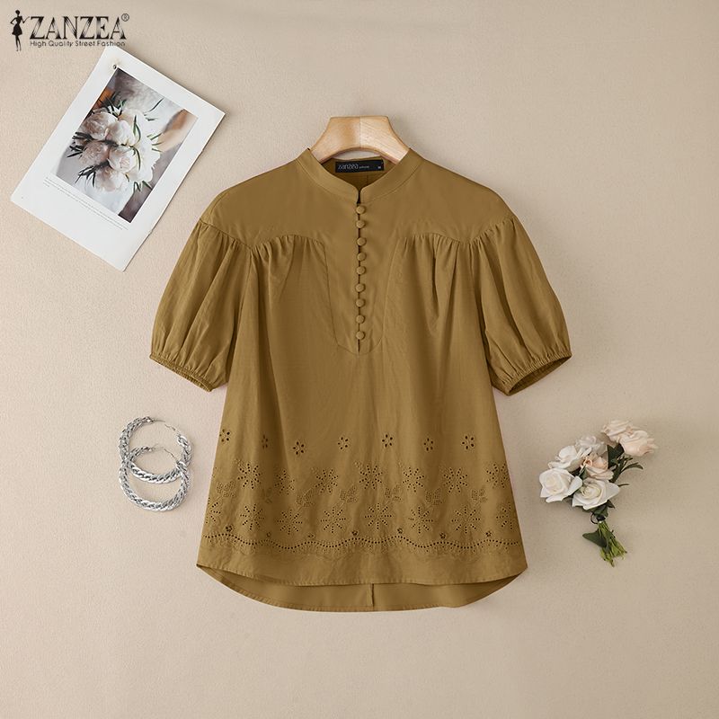ZANZEA Women Casual Round Neck Short Sleeve Loose Patchwork Crochet Blouse
