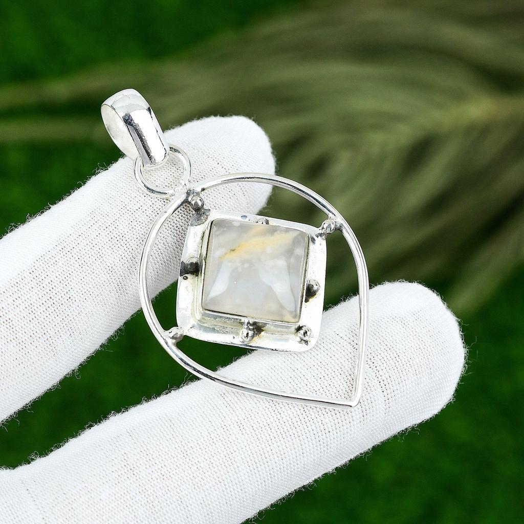 Square Plume Agate Gemstone 925 Silver Bezel Elegant Anniversary Pendant Jewelry