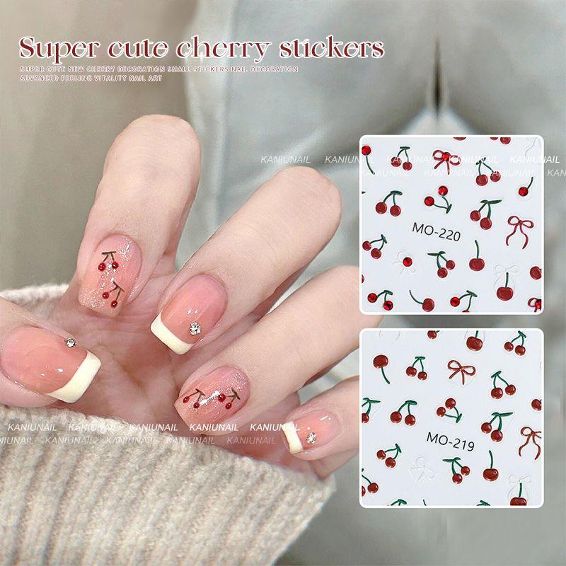 

Bright Crystal Cherry Nail Art Stickers New Arrival 2025 Three-Dimensional Relief Wine Red Internet Hot Popular Nail Rhinestone Sticking Cherry stickers [two]]