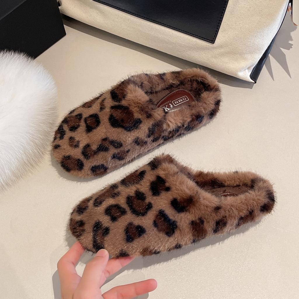 Winter Women Slippers Leopard Warm Fur Comfortable Clogs Soft Plush Flats Indoor Home Shoes Furry Casual Slippers Cotton Shoes