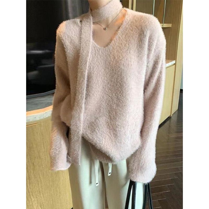 Sanfter Nerz Strickpullover Herbst und Winter Neu Lässiger Strickpullover Top Locker Mittellang Schal