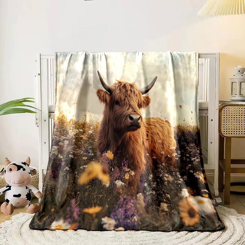 Highland Cow In a Flower Field Print Blanket Soft and Cozy Perfect for the Living Room Bed Sofa or a Nap,gift