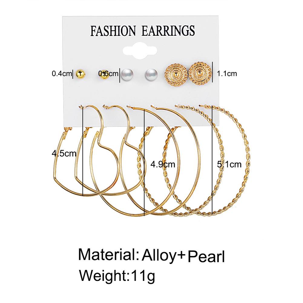 6 Pairs of Women's Earrings Pearl Love-heart Shape Circle Earrings