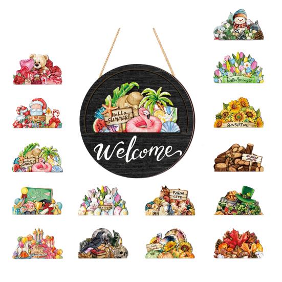 Decorative Wooden Door Sign Interchangeable Seasonal Welcome for Front Door, 12 Inch Round Wood Hanging Housewarming Gift For New Home with