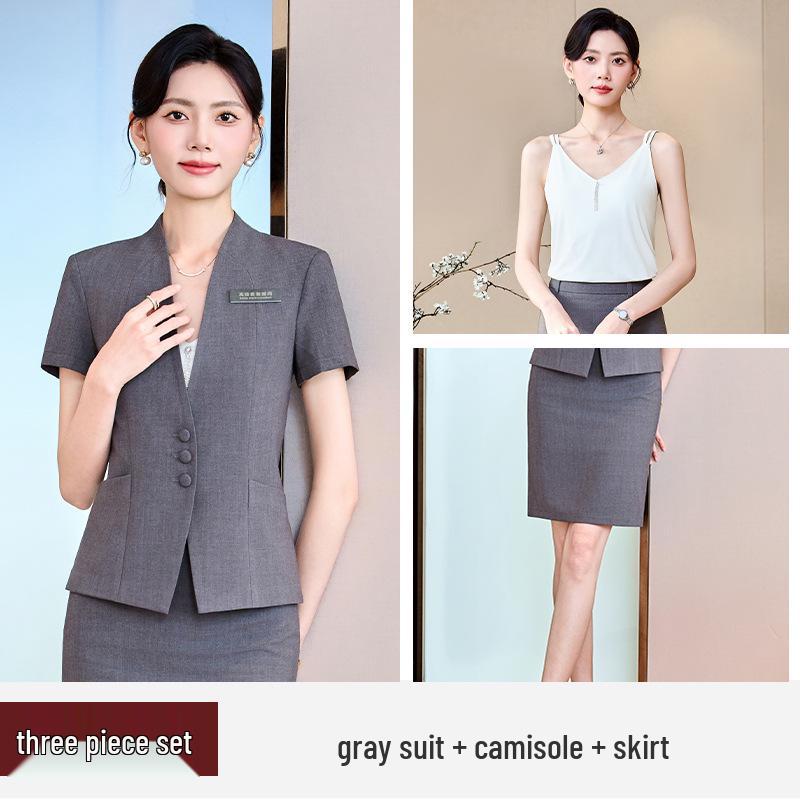 Women's Blue Short-Sleeve Professional Suit Set for Hotel Manager or Receptionist - Spring/Summer Formal Workwear