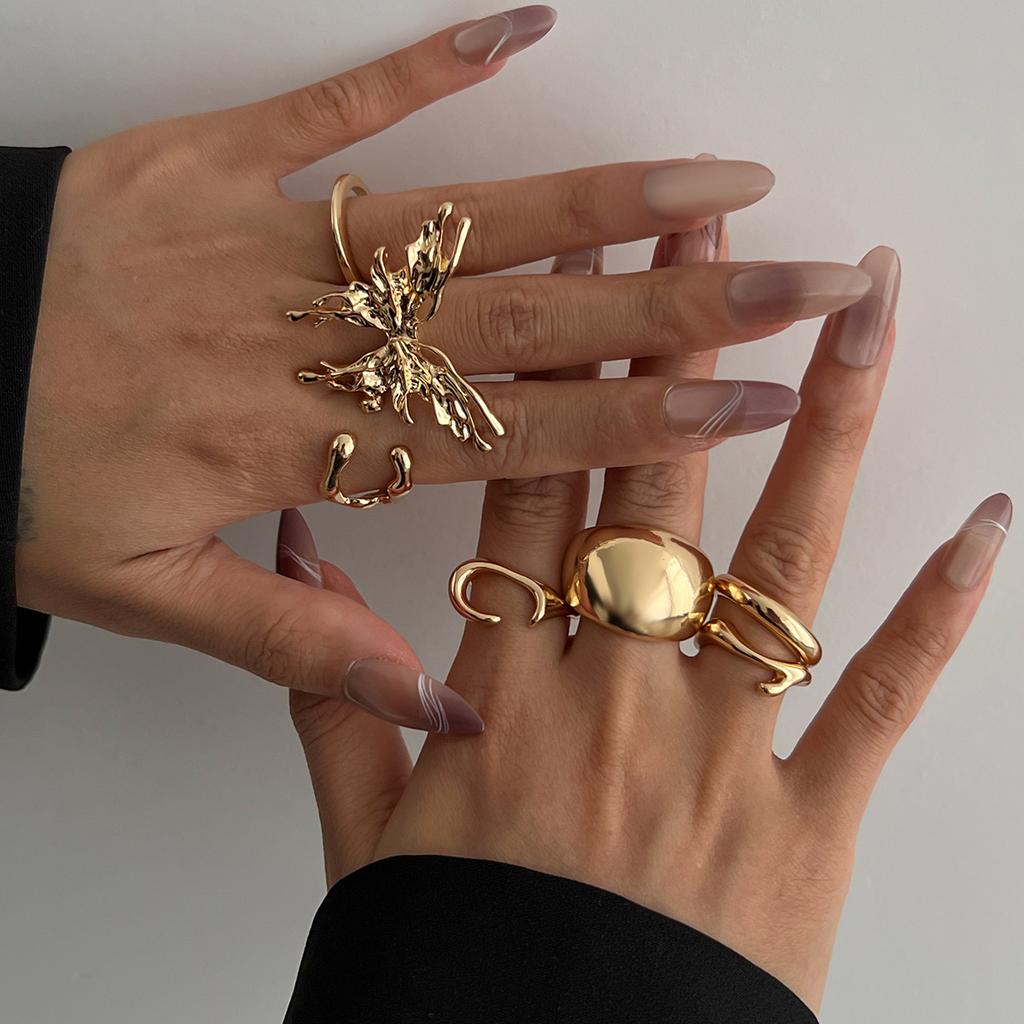 Cold Wind Lava Butterfly Ring Set, Niche Glossy Open Ring Stacked with Metal Jewelry