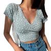 Women Summer Top V Neck Short Sleeve Waist-exposed Small Flower Print Pullover Soft Breathable Retro Slim Fit Lady Sweet T-shirt