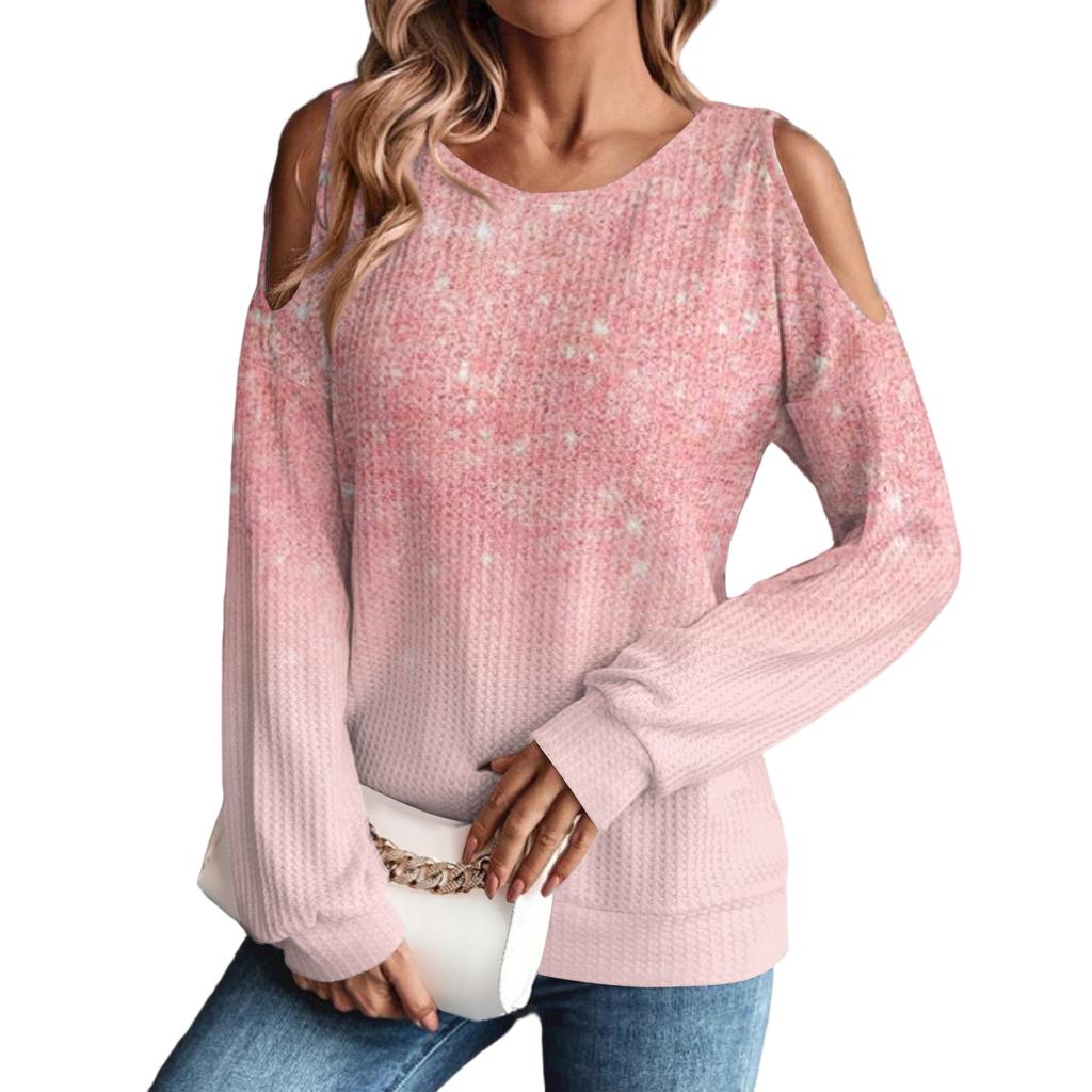 Women's Winter Oversized T-Shirt Fashionable Off-the-Shoulder Round Neck Vintage Floral Print Pullover Long-Sleeved Top