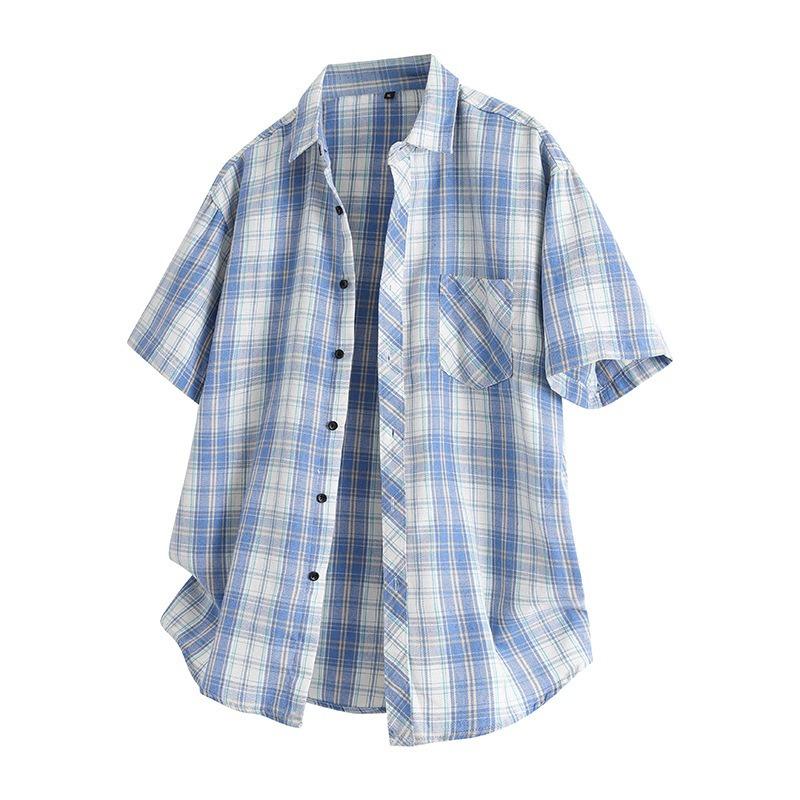Lapel plaid shirt teenagers trendy casual cardigan short-sleeved shirt men's summer
