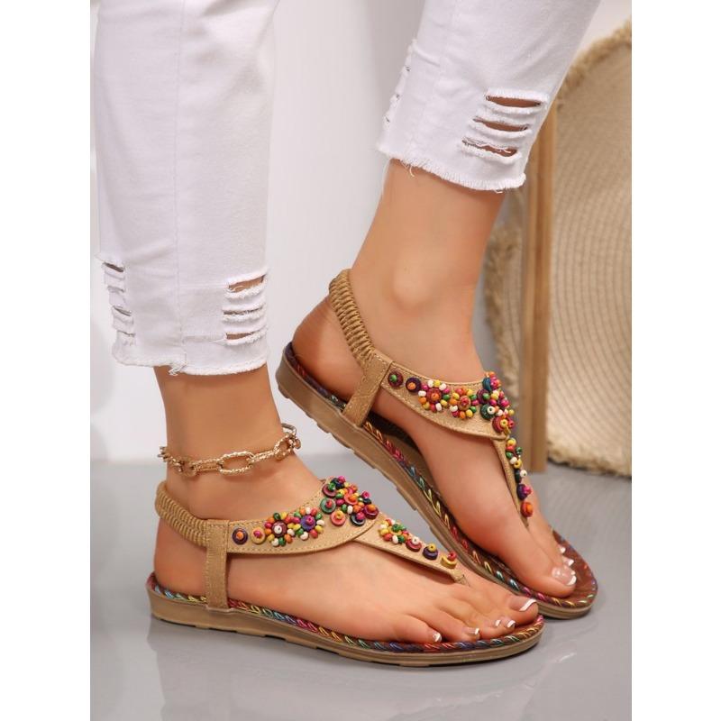 Women's Beaded Ethnic Style Clip-foot Herring-shaped Flat Sandals Flat-heeled Women's Shoes