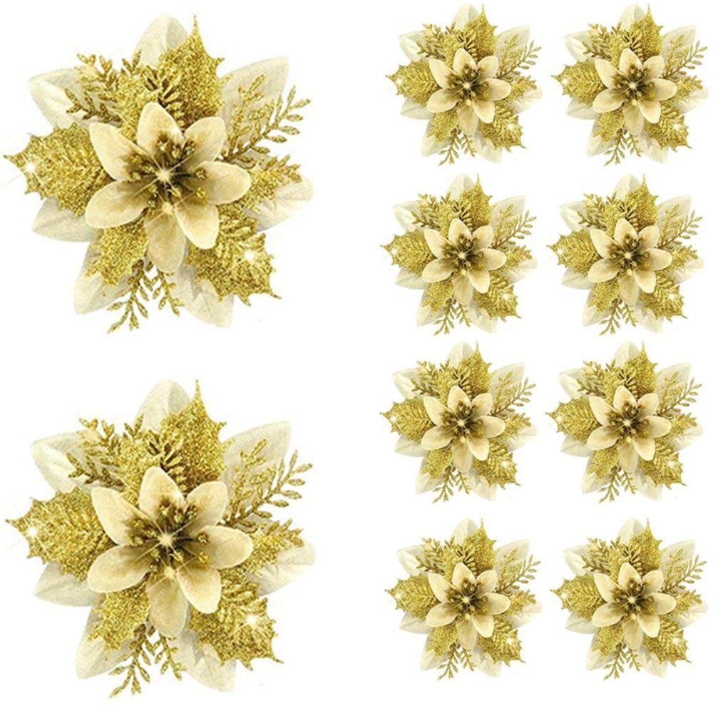 8pcs Gold/Silve Christmas Tree Flowers Pink/Blue Poinsettia Flowers Gift Party Decoration  Christmas