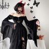 1 Set Women Cosplay Dress with Necklace Headband And Stockings Gothic Style Witch Party Costume Hollow Out Collarless Long