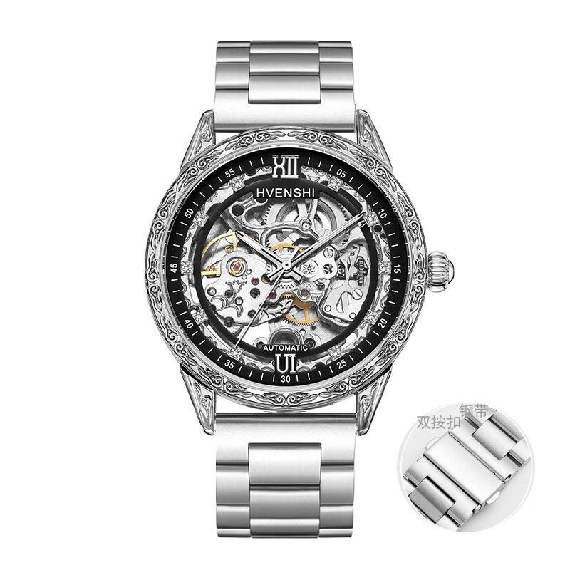 Beliebte gravierte Leder leuchtende mechanische Herren-Automatik-Mechanikuhr Business-Uhr Mode High-End-Uhr