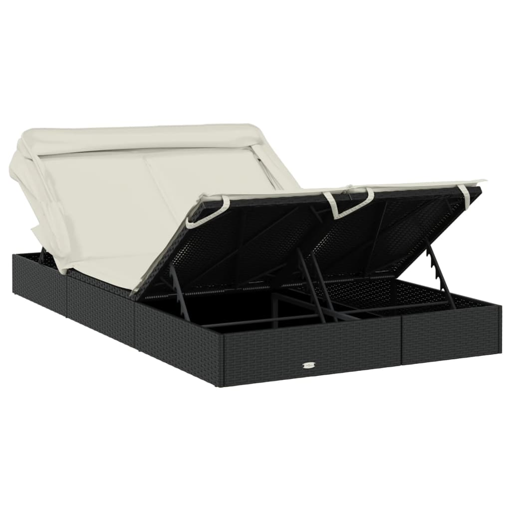 2 Person Sun Lounger with Canopy Black 213x118x97 cm Poly Rattan