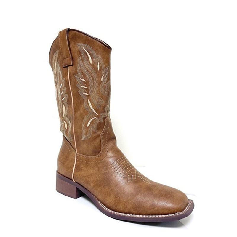 Cowhide~ He Sui has the same versatile leather western cowboy boots women's thick heel embroidered knight boots retro medium riding boots