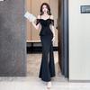 Women's Off Shoulder Short Sleeve Maxi Dress Slim Fit Mid Waist Elegant Mermaid Dress Mesh Patchwork Side Slit Formal Evening Gown