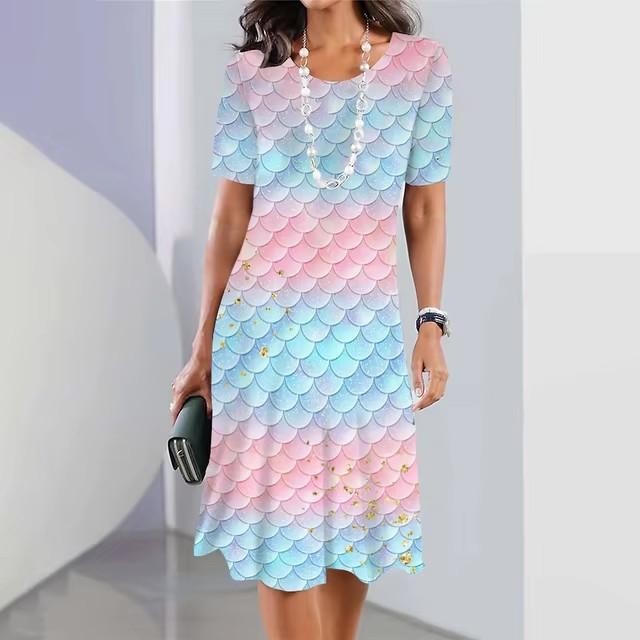 3D Digital Printing Dresses Women s Summer Short-sleeved O-neck Casual Loose Dress S