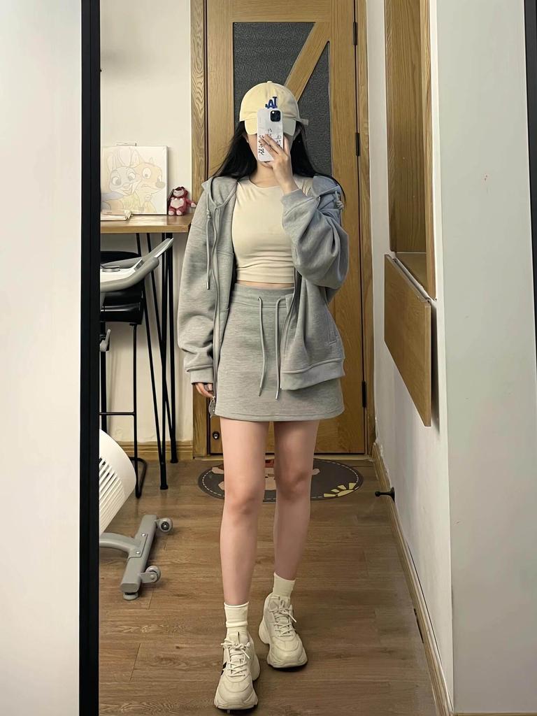 2026 Spring Korean Style Women's Gray Sporty High Waist Skirt - Casual Hip Wrap Sweatshirt Dress